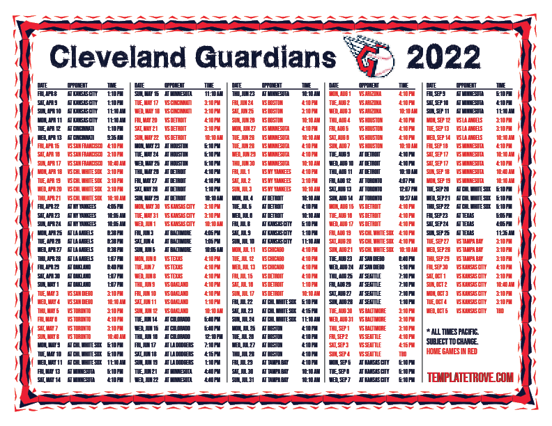 Printable 2022 Cleveland Guardians Schedule