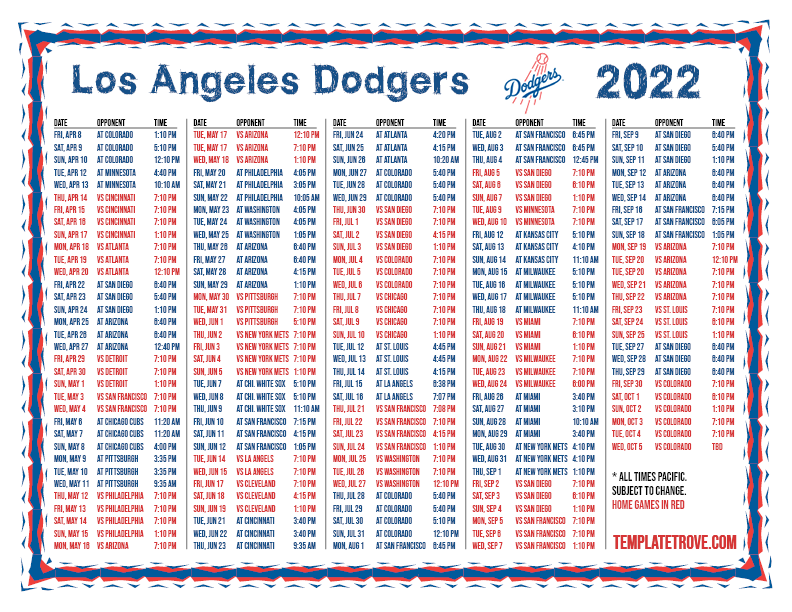 Printable 2022 Los Angeles Dodgers Schedule
