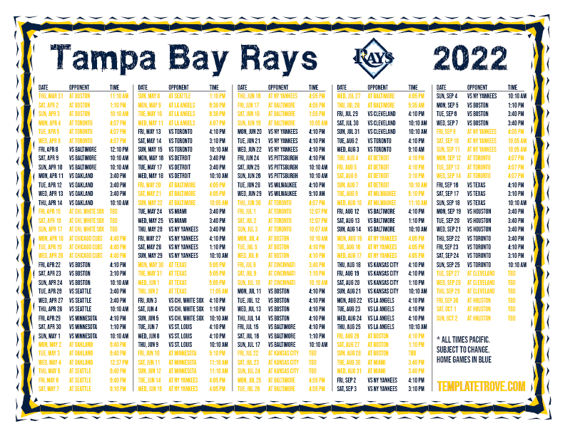 Printable 2022 Tampa Bay Rays Schedule