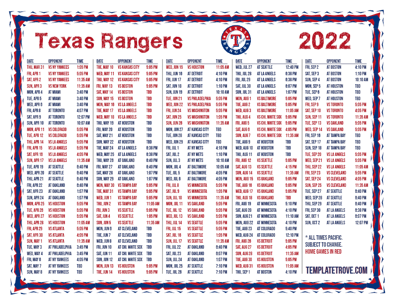 Printable 2022 Texas Rangers Schedule