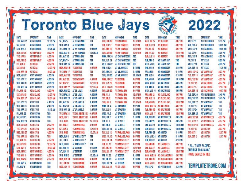 Printable 2022 Toronto Blue Jays Schedule