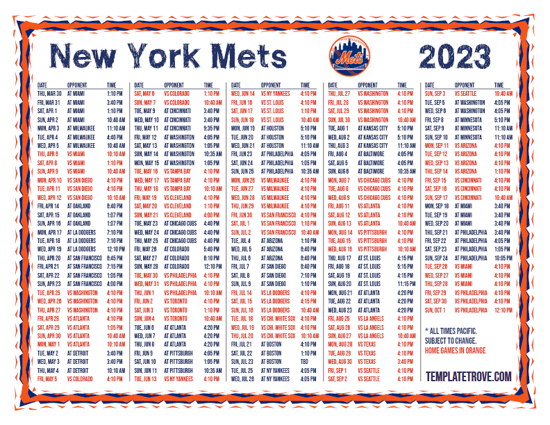 Printable 2023 New York Mets Schedule