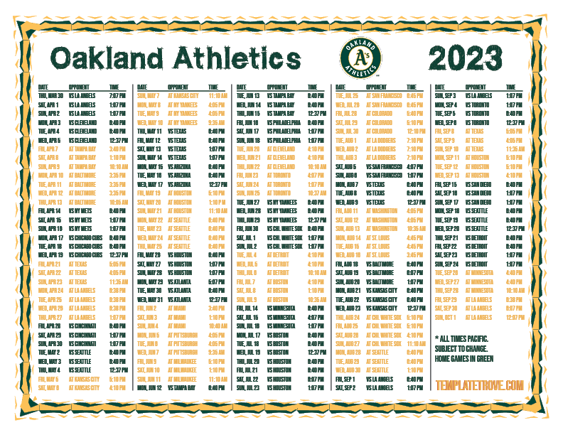 Printable 2023 Oakland Athletics Schedule