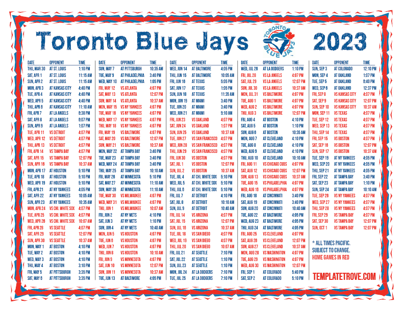 Printable 2023 Toronto Blue Jays Schedule