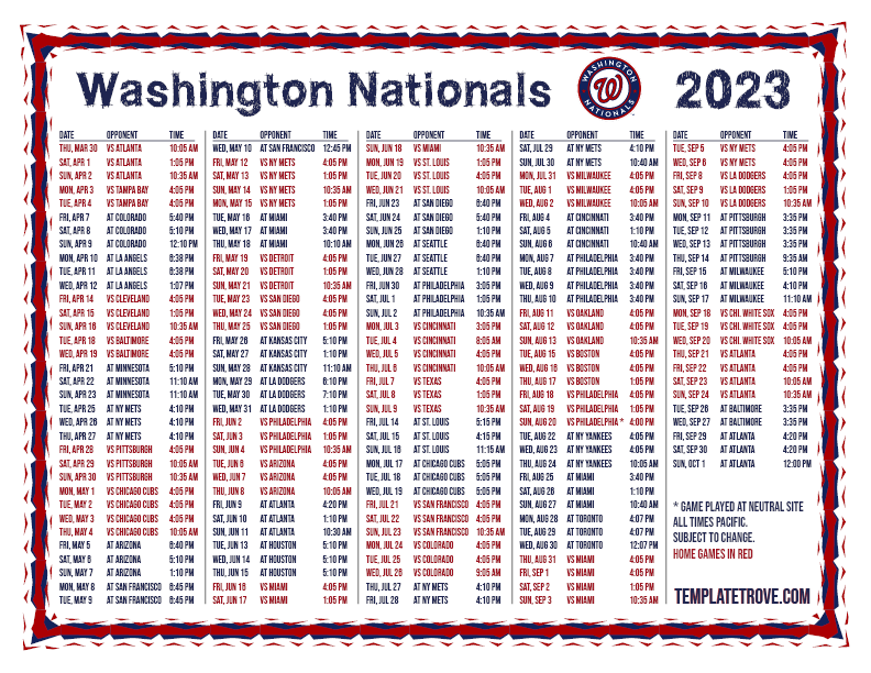 Printable 2023 Washington Nationals Schedule