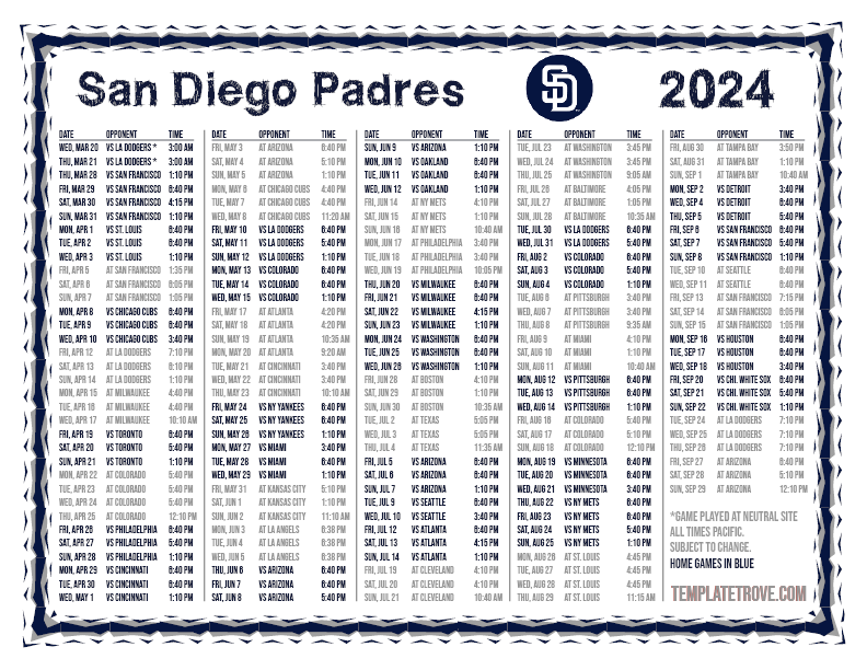 Printable 2024 San Diego Padres Schedule