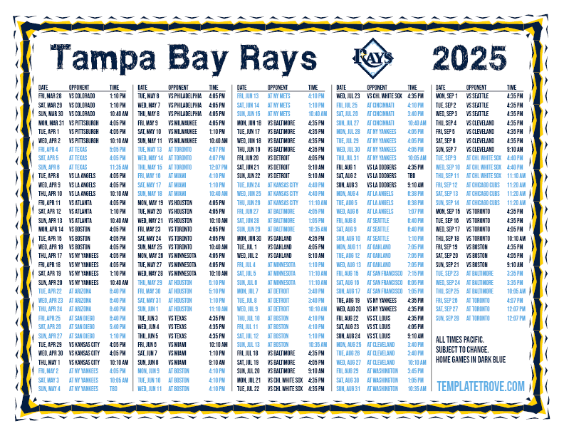 Tampa Bay Rays Calendar 2025