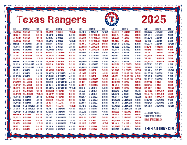 Texas Rangers Printable Schedule 2025