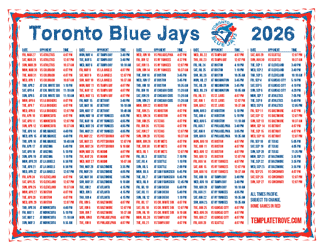 Pacific Times 2026
 Toronto Blue Jays Printable Schedule