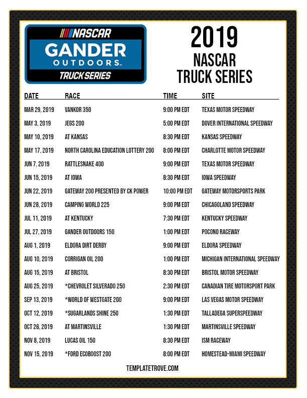 Printable 2019 NASCAR Truck Series Schedule