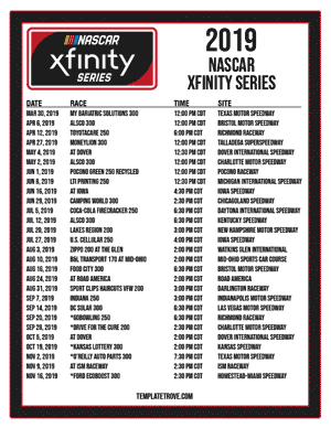 Printable 2019 NASCAR Xfinity Series Schedule - Central Times