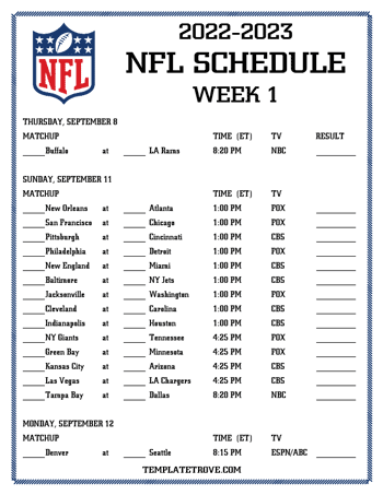 Printable 2022-2023 NFL Weekly Schedules