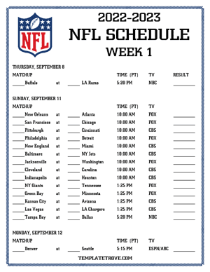 Printable 2022-23 NFL Schedule Week 1 - Pacific Times