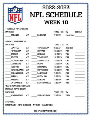 Printable 2022-23 NFL Schedule Week 10 - Central Times