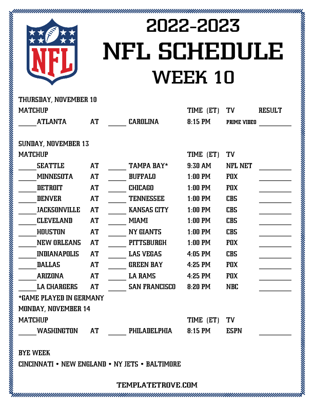 Printable 2022-2023 NFL Schedule Week 10