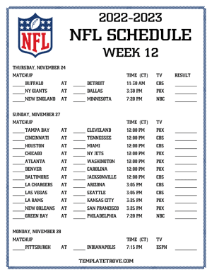 Printable 2022-23 NFL Schedule Week 12 - Central Times