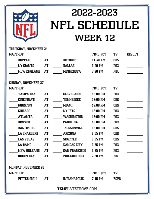 Printable 2022-2023 NFL Schedule Week 12