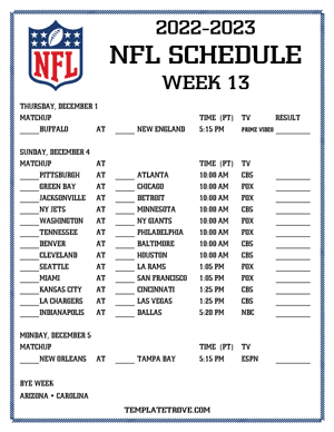 Printable 2022-23 NFL Schedule Week 13 - Pacific Times