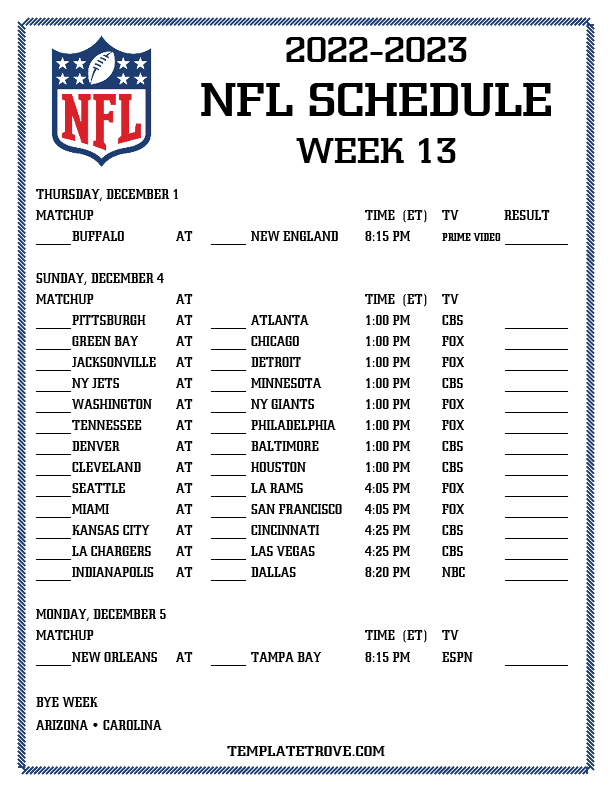 NFL Games Today TV Schedule: TV channel, schedule for Week 13