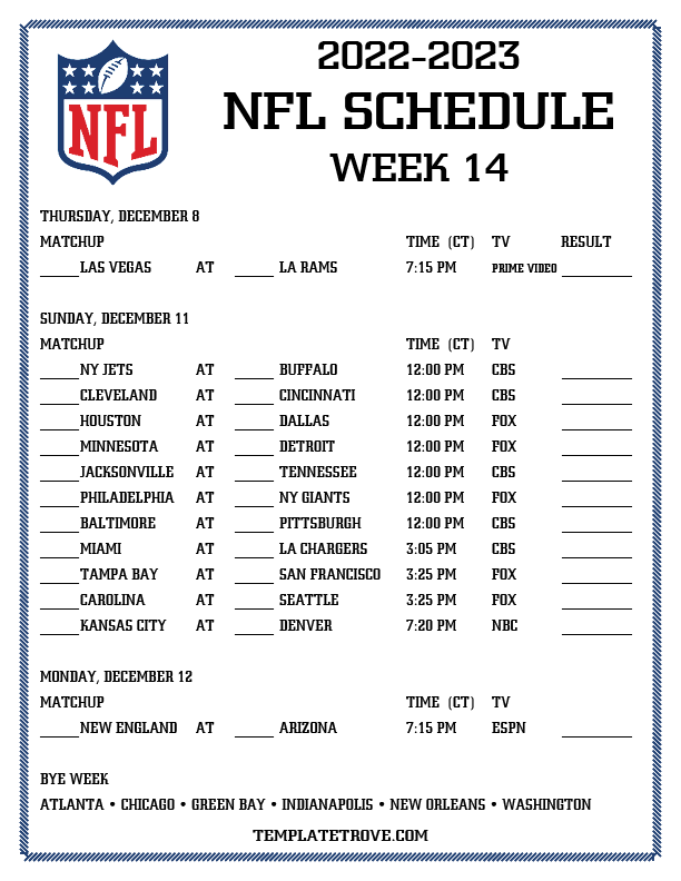 Printable 2022-2023 NFL Schedule Week 14