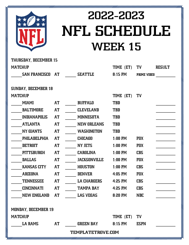 Printable 2022-2023 NFL Schedule Week 15