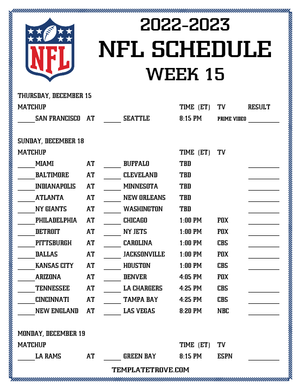 Printable 2022 2023 NFL Schedule Week 15