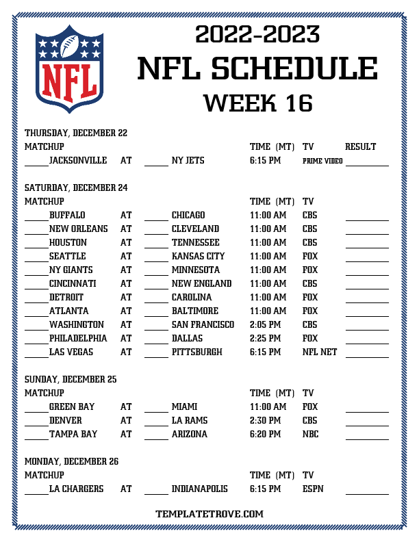 Printable 2022-2023 NFL Schedule Week 16