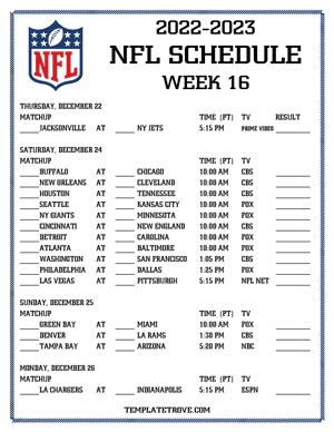Printable 2022-23 NFL Schedule Week 16 - Pacific Times