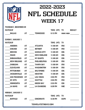 Printable 2022-23 NFL Schedule Week 17 - Mountain Times