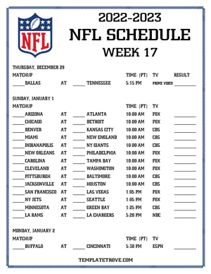Printable 2022-23 NFL Schedule Week 17 - Pacific Times