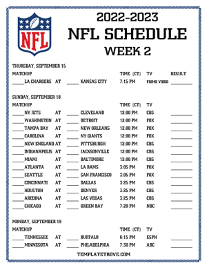 Printable 2022-23 NFL Schedule Week 2 - Central Times