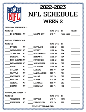 Printable 2022-23 NFL Schedule Week 2 - Mountain Times
