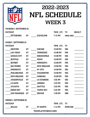 Printable 2022-23 NFL Schedule Week 3 - Central Times