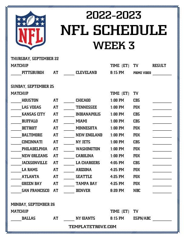 Printable 2022-2023 NFL Schedule Week 3