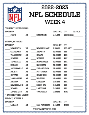 Printable 2022-23 NFL Schedule Week 4 - Central Times