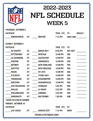 Printable 2022-23 NFL Schedule Week 5 - Central Times