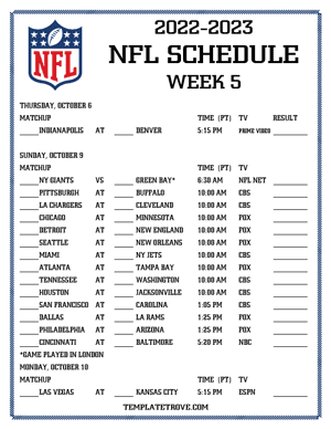 Printable 2022-23 NFL Schedule Week 5 - Pacific Times