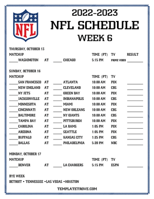 Printable 2022-23 NFL Schedule Week 6 - Pacific Times