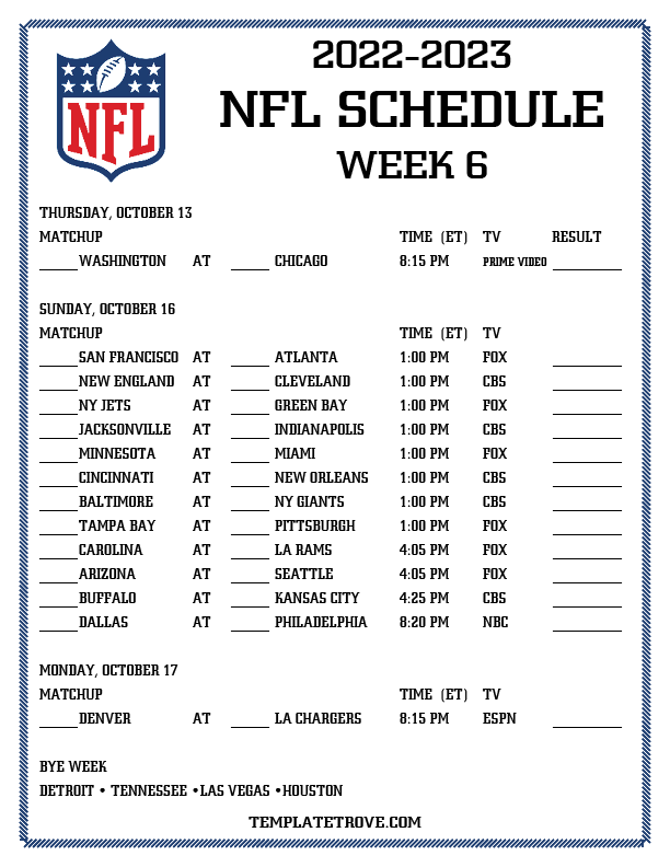Printable 20222023 NFL Schedule Week 6