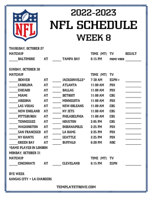 Printable 2022-23 NFL Schedule Week 8 - Mountain Times