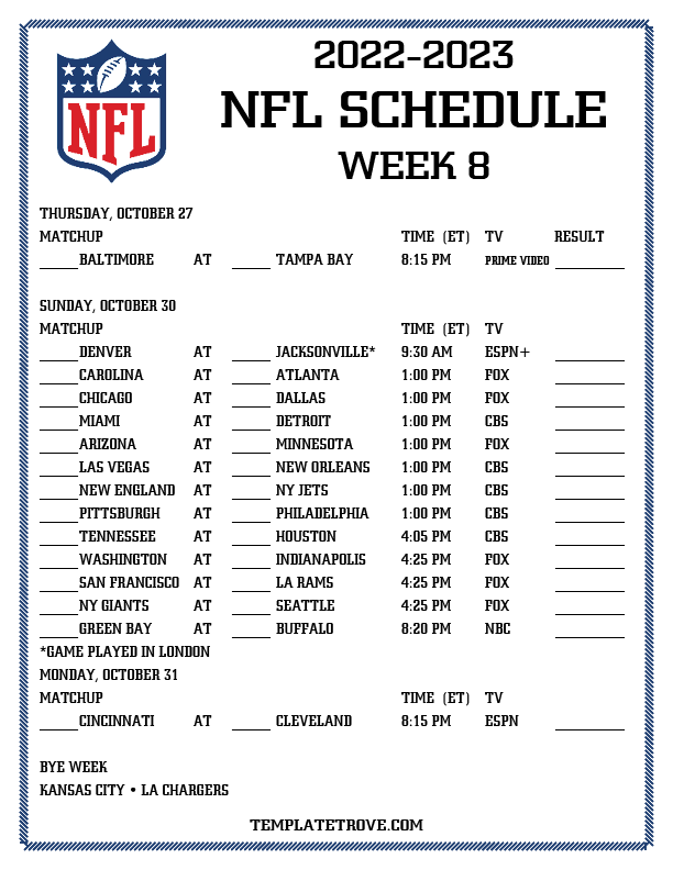 Printable 2022-2023 NFL Schedule Week 8