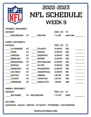 Printable 2022-23 NFL Schedule Week 9 - Central Times