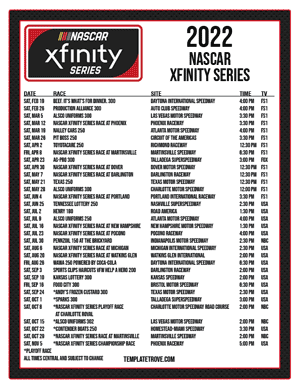 Printable 2022 NASCAR Xfinity Series Schedule - Central Times