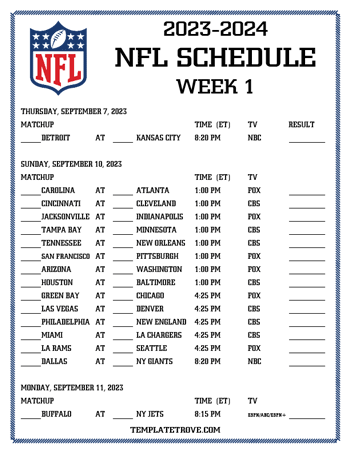 Printable 2023-2024 NFL Weekly Schedules