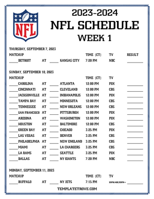 Printable 2023-24 NFL Schedule Week 1 - Central Times