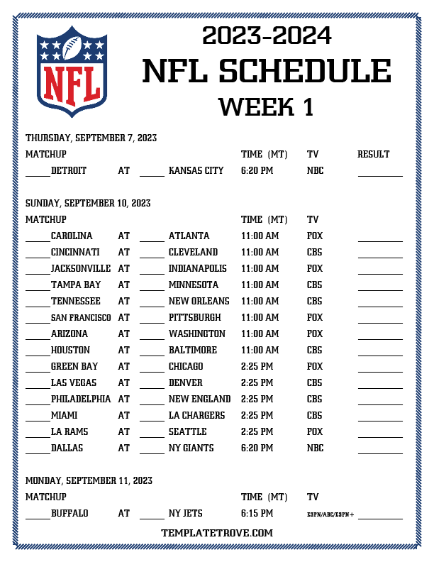 Printable 20232024 NFL Schedule Week 1