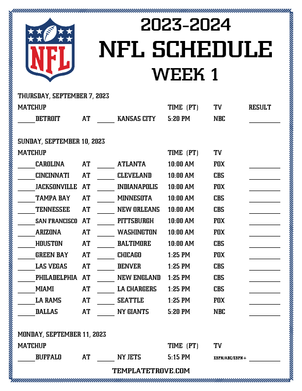 Printable 2023-2024 NFL Schedule Week 1