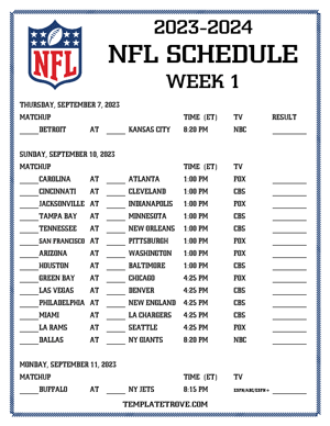 Printable 2023-24 NFL Schedule Week 1