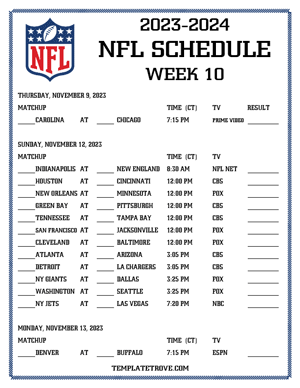Printable 2023-24 NFL Schedule Week 10 - Central Times