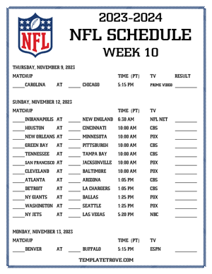 Printable 2023-24 NFL Schedule Week 10 - Pacific Times